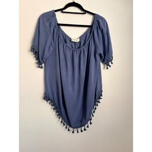 ZL Tassel‎ Fringe Blouse large Blue Boho Scoop Neck Short Sleeve